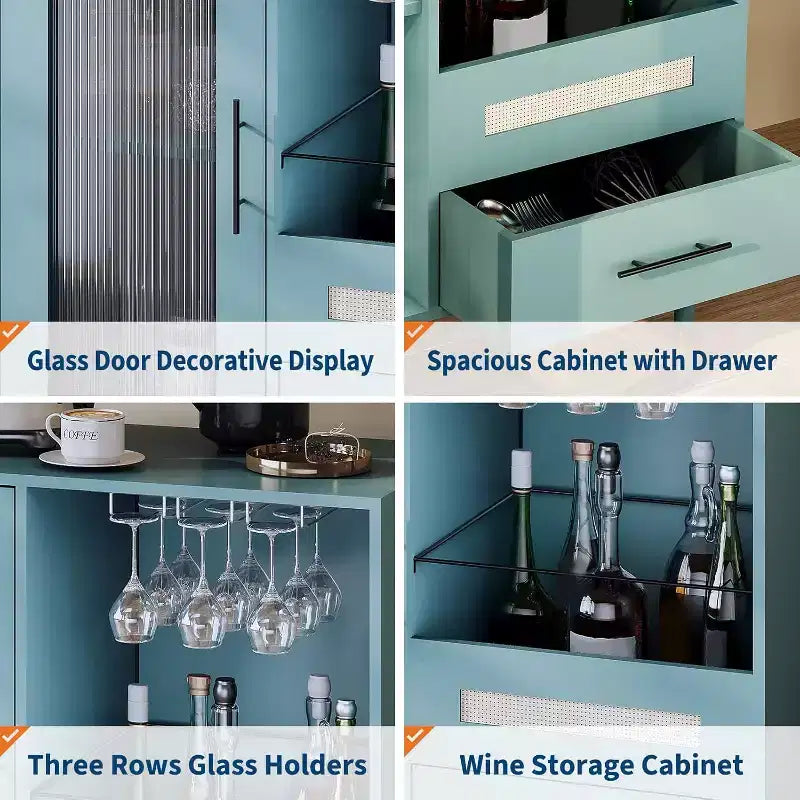 Black / Green Modern Coffee Bar Cabinet with Wine Rack & Drawer, for 1–2 Users