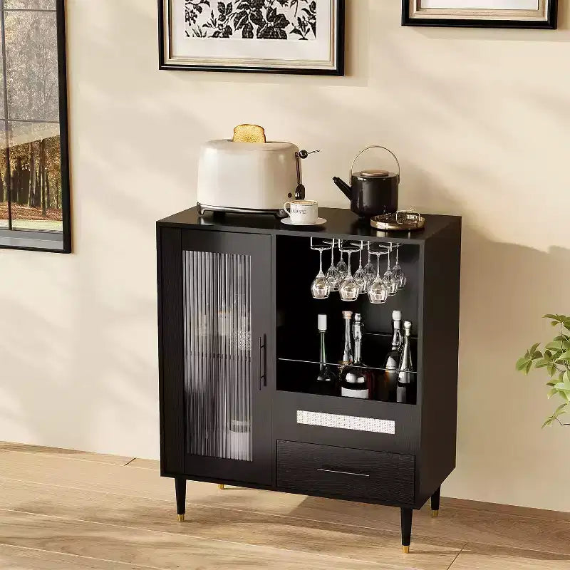 Black / Green Modern Coffee Bar Cabinet with Wine Rack & Drawer, for 1–2 Users
