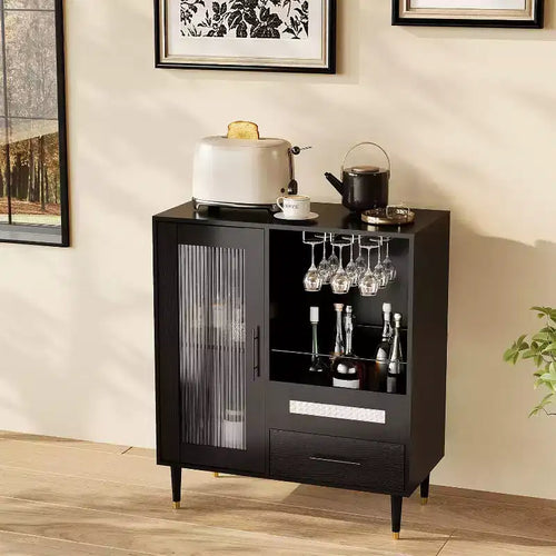 Black / Green Modern Coffee Bar Cabinet with Wine Rack & Drawer, for 1–2 Users