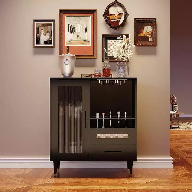 Black / Green Modern Coffee Bar Cabinet with Wine Rack & Drawer, for 1–2 Users