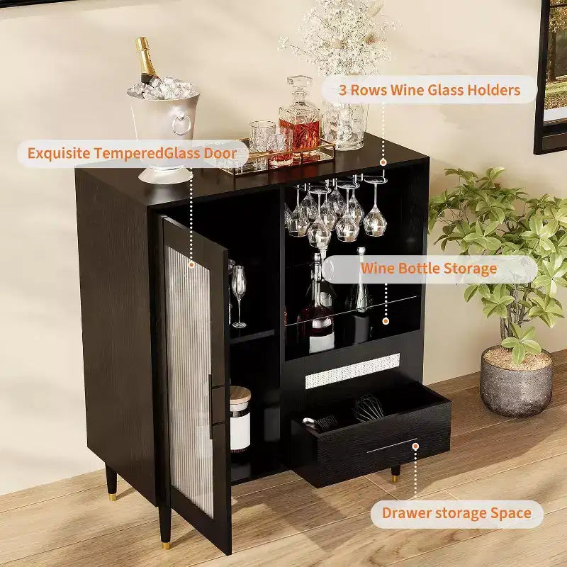 Black / Green Modern Coffee Bar Cabinet with Wine Rack & Drawer, for 1–2 Users