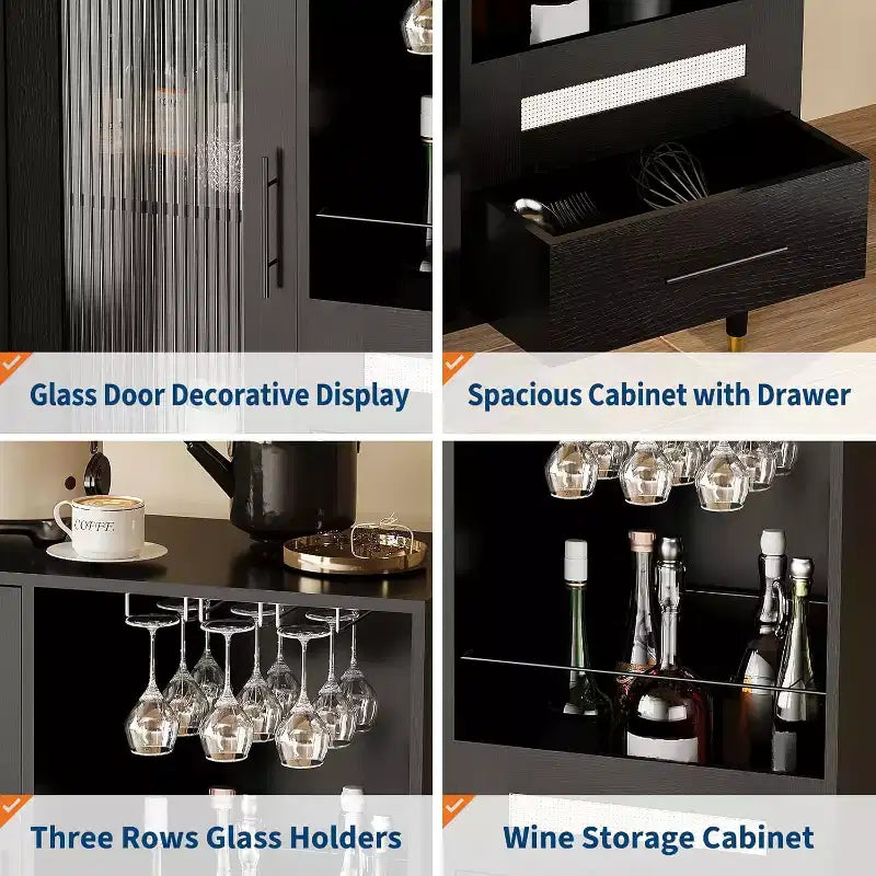 Black / Green Modern Coffee Bar Cabinet with Wine Rack & Drawer, for 1–2 Users
