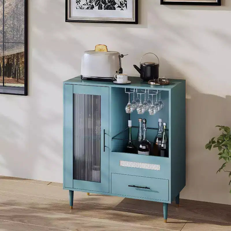Black / Green Modern Coffee Bar Cabinet with Wine Rack & Drawer, for 1–2 Users