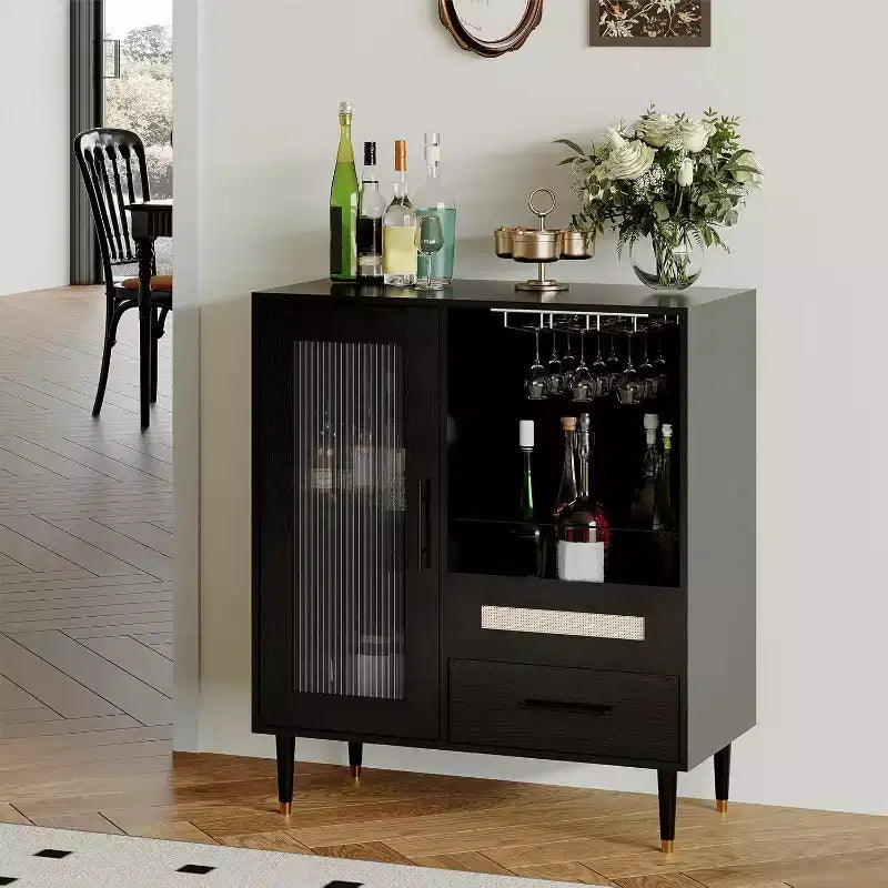 Coffee Bar Cabinet with Wine Glass Rack & Storage, 30.7 Modern Buffet Sideboard and Liquor Cabinet for Kitchen, Dining Room, Living Room