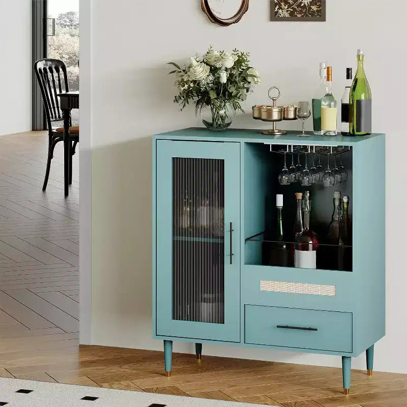 Black / Green Modern Coffee Bar Cabinet with Wine Rack & Drawer, for 1–2 Users
