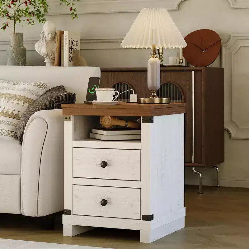 Nightstand with Charging Station, 2 Drawers& Power Outlets, Modern Bedside End Table Accent Side Table for Bedroom,Living Room