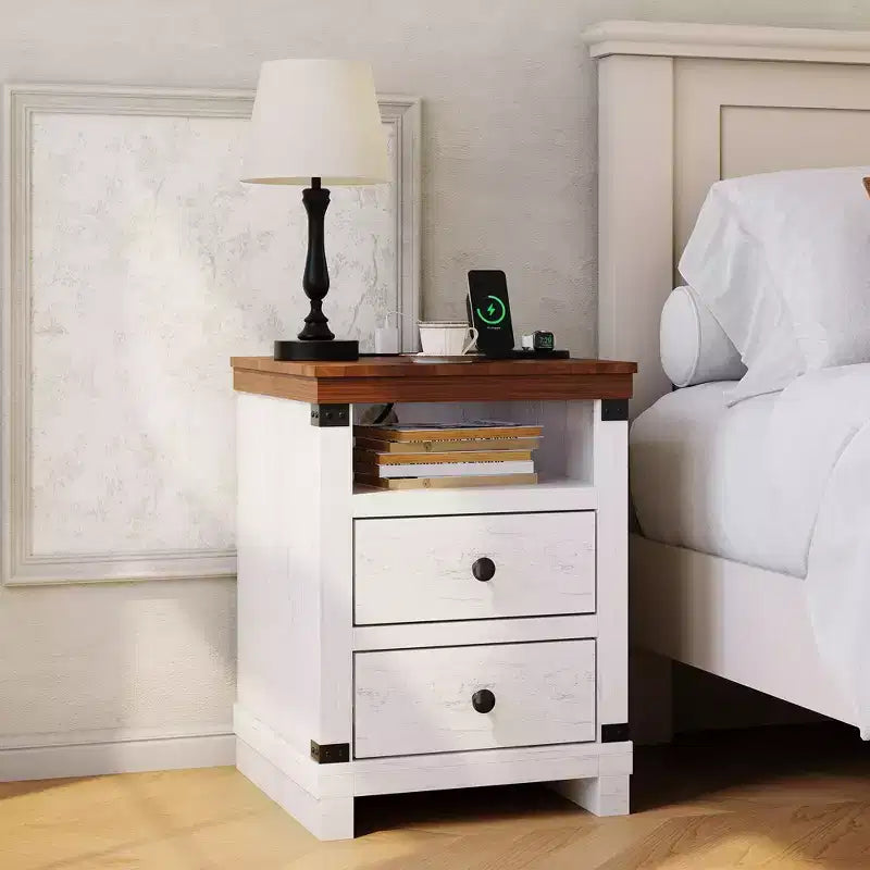 Brown Wood Nightstand with Charging Station – 2 Drawers, 1 Person