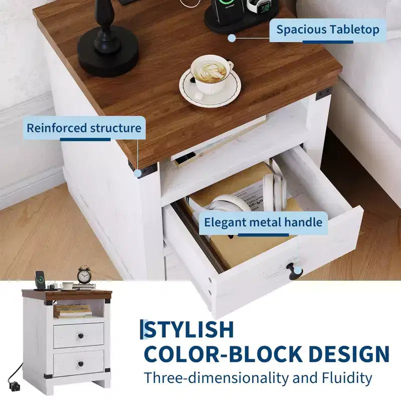 Brown Wood Nightstand with Charging Station – 2 Drawers, 1 Person