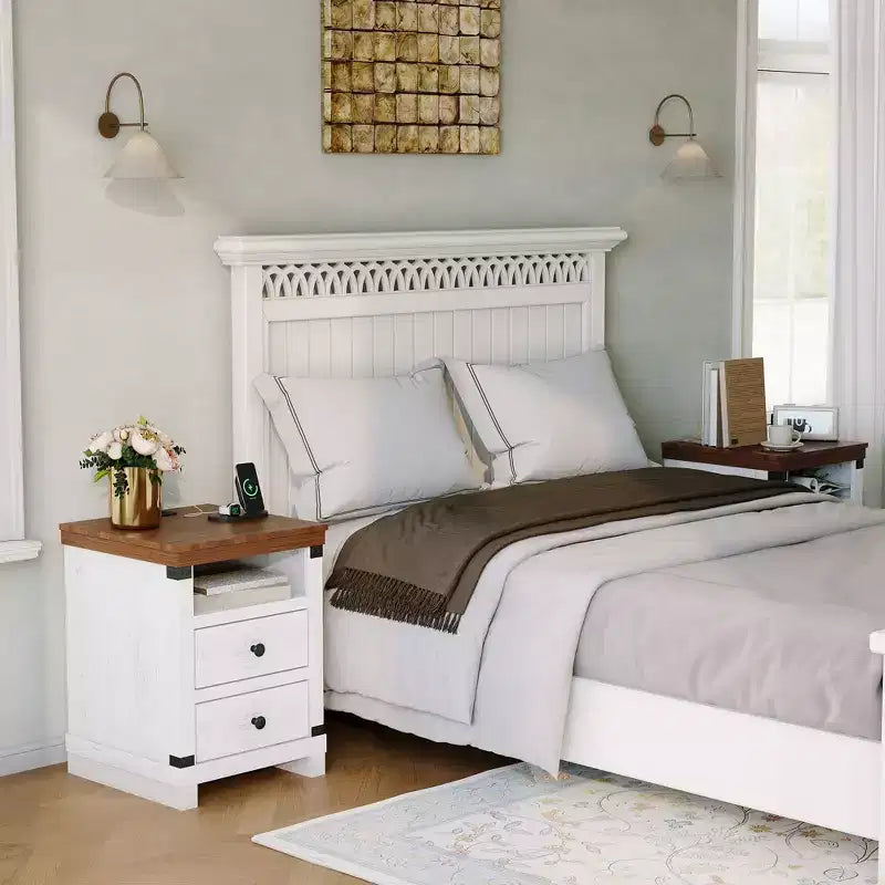 Brown Wood Nightstand with Charging Station – 2 Drawers, 1 Person