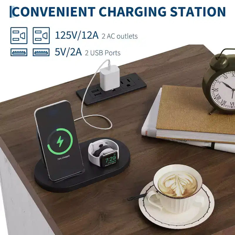 Brown Wood Nightstand with Charging Station – 2 Drawers, 1 Person