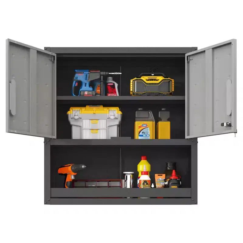 Black & Gray Wall-Mounted Metal Storage Cabinet with 2 Locking Doors, 1 Drawer & 1 Shelf