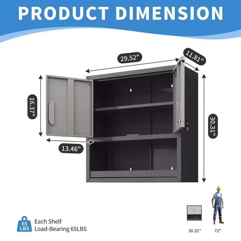 Black & Gray Wall-Mounted Metal Storage Cabinet with 2 Locking Doors, 1 Drawer & 1 Shelf