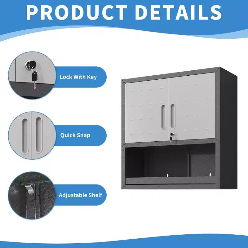 Black & Gray Wall-Mounted Metal Storage Cabinet with 2 Locking Doors, 1 Drawer & 1 Shelf