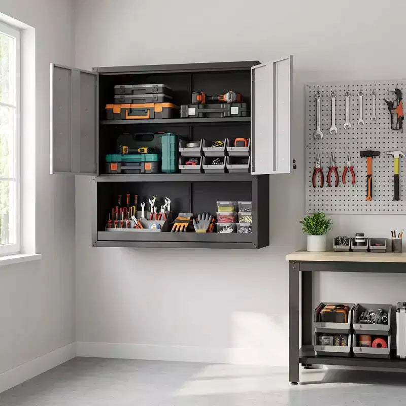 Black & Gray Wall-Mounted Metal Storage Cabinet with 2 Locking Doors, 1 Drawer & 1 Shelf