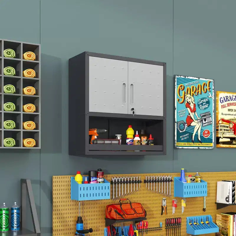 Black & Gray Wall-Mounted Metal Storage Cabinet with 2 Locking Doors, 1 Drawer & 1 Shelf