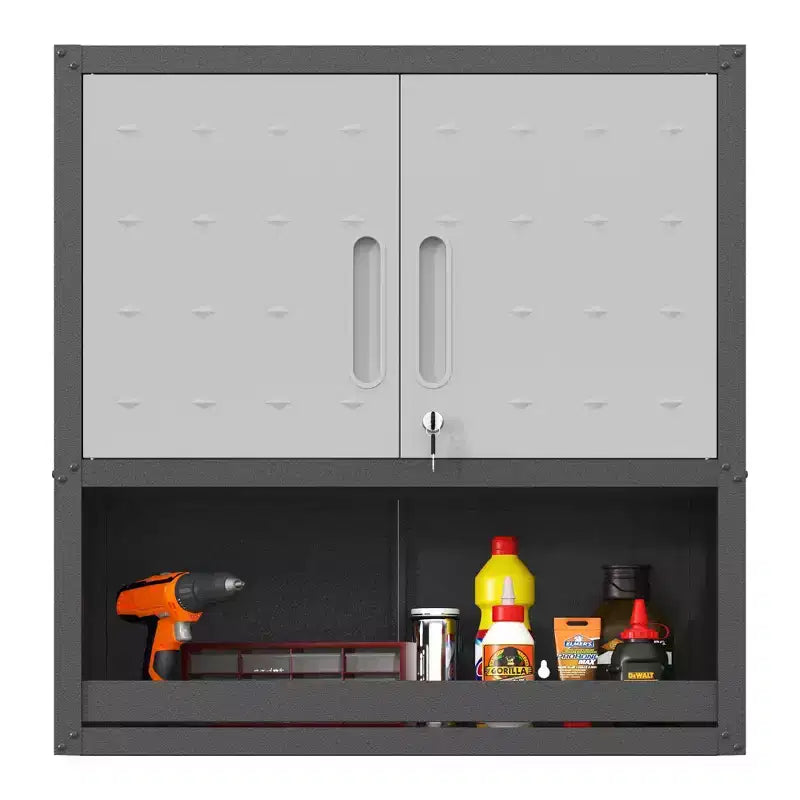 Black & Gray Wall-Mounted Metal Storage Cabinet with 2 Locking Doors, 1 Drawer & 1 Shelf