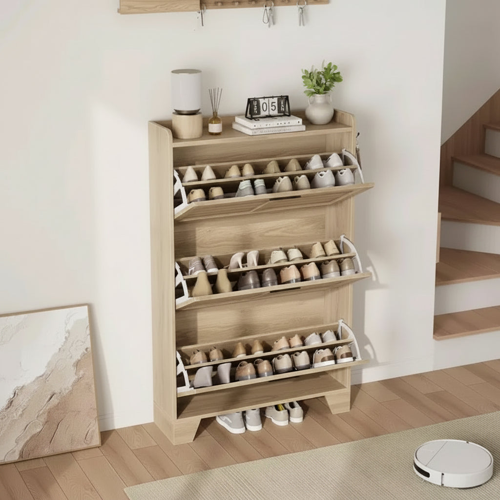 Shoe Storage Cabinet with 3 Flip Drawers, Freestanding Shoe Organizer Storage with 2 Side Hooks, Farmhouse Hidden Slim Narrow Shoe Rack Cabinet
