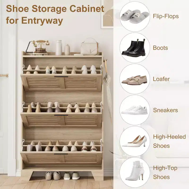White 3-Door Louvered Shoe Cabinet, Fits up to 30 Pairs