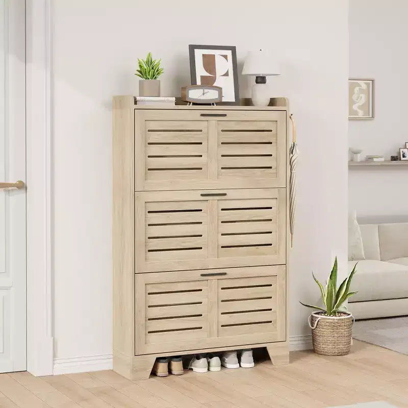 White 3-Door Louvered Shoe Cabinet, Fits up to 30 Pairs
