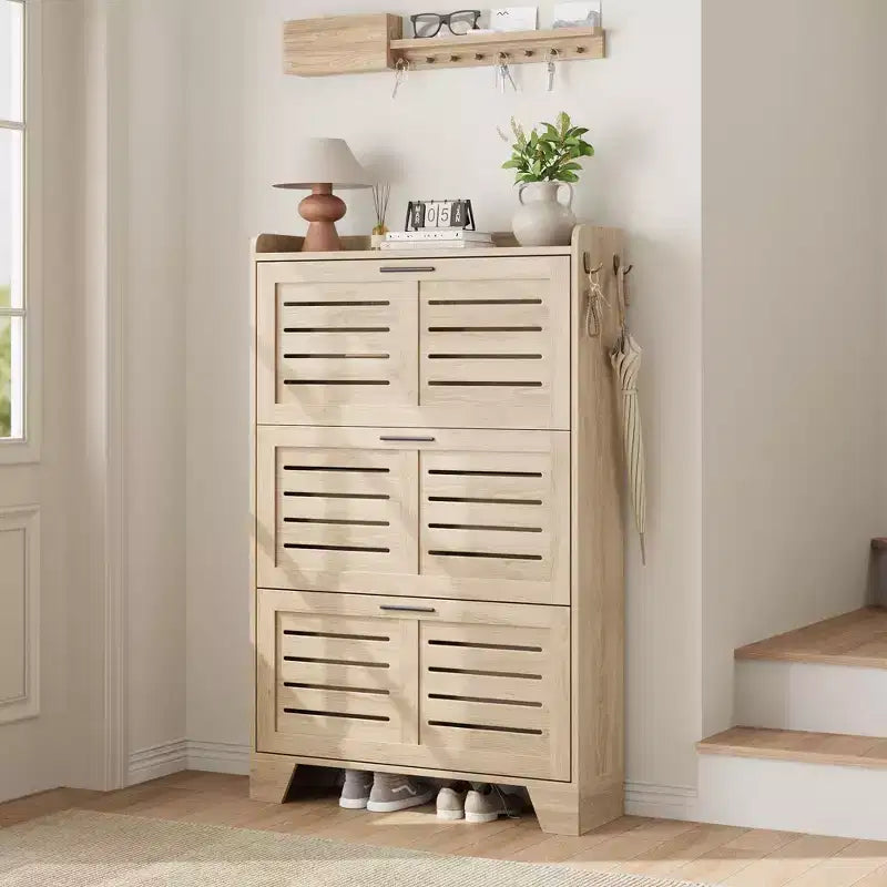 White 3-Door Louvered Shoe Cabinet, Fits up to 30 Pairs