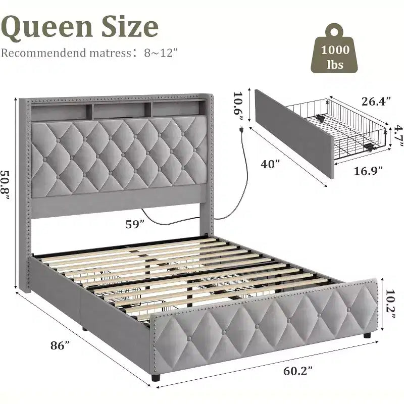 Velvet Upholstered Queen Bed Frame with 50.8 Headboard, 4 Storage Drawers, USB & LED Lights