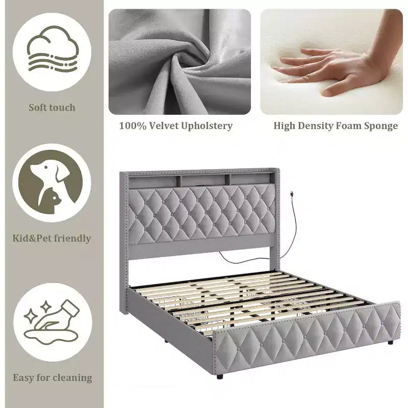 Dark Grey Velvet Queen Platform Bed, 4 Drawers & LED Lights, Fits 2