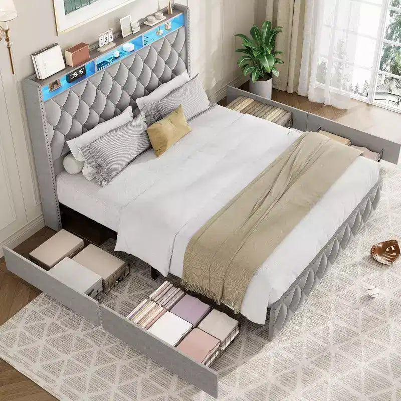 Dark Grey Velvet Queen Platform Bed, 4 Drawers & LED Lights, Fits 2