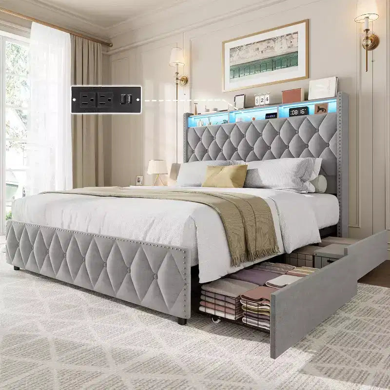 Dark Grey Velvet Queen Platform Bed, 4 Drawers & LED Lights, Fits 2
