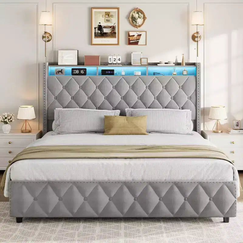 Dark Grey Velvet Queen Platform Bed, 4 Drawers & LED Lights, Fits 2