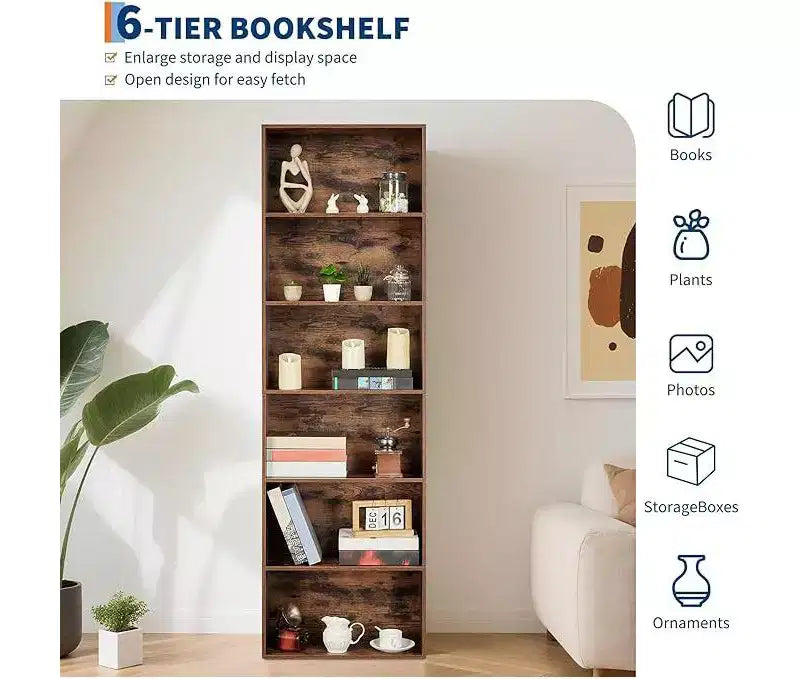 Brown / White 6-Tier Industrial Open Bookshelf, Single-User