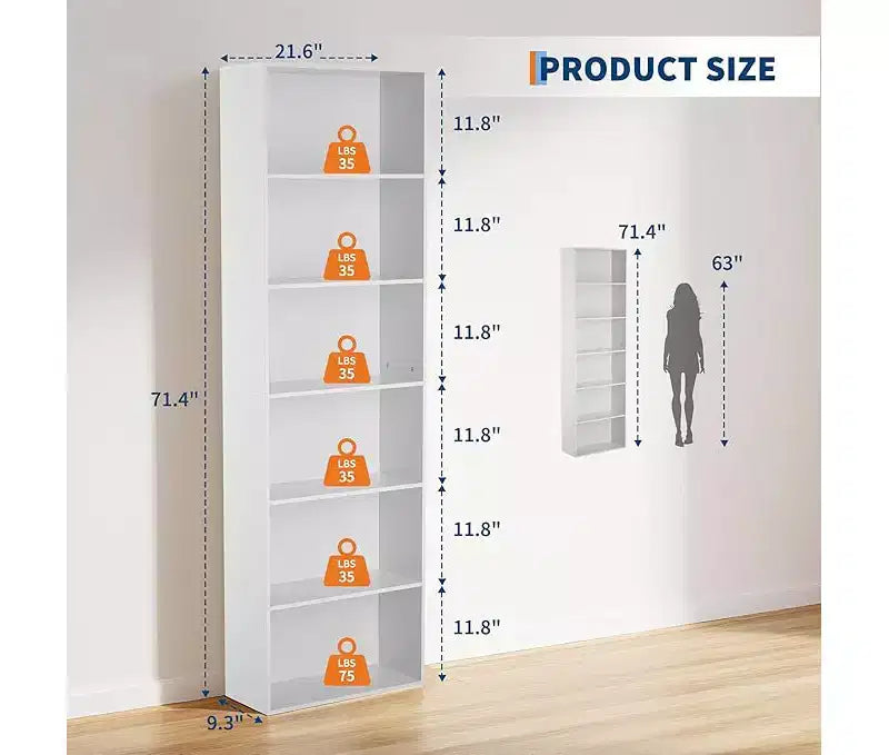 Brown / White 6-Tier Industrial Open Bookshelf, Single-User