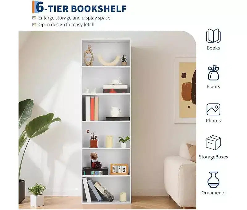 Brown / White 6-Tier Industrial Open Bookshelf, Single-User