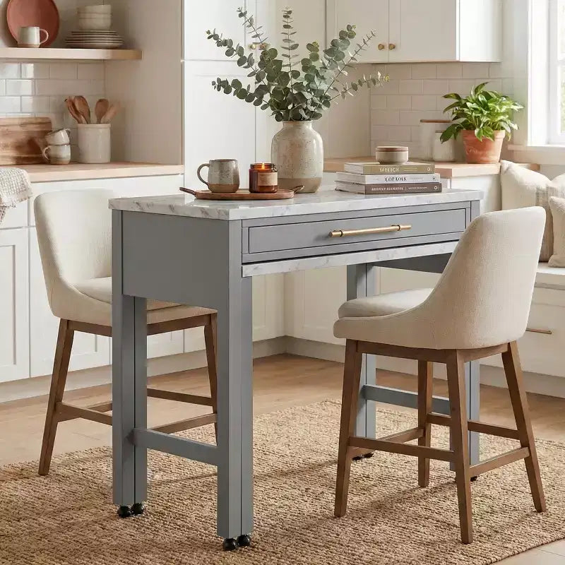 GDFStudio Harrison Farmhouse Faux Marble Wood Counter Height Dining Table with Slide-Out Nested Extension and Storage Drawer