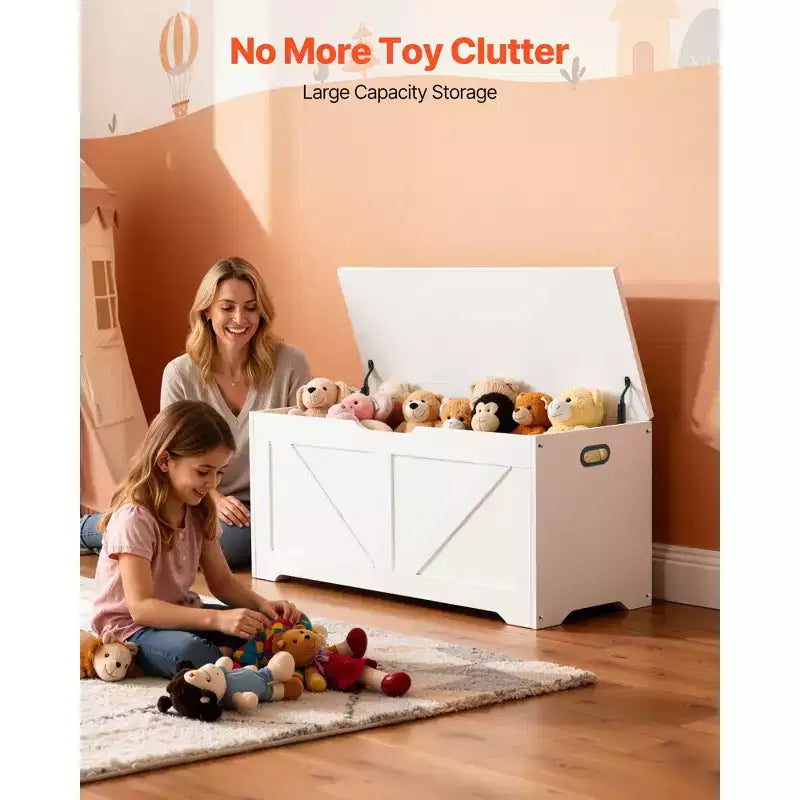 White Kids Storage Bench with Lid – 1-Seat Wooden Toy Box for Playroom