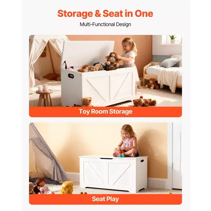 White Kids Storage Bench with Lid – 1-Seat Wooden Toy Box for Playroom