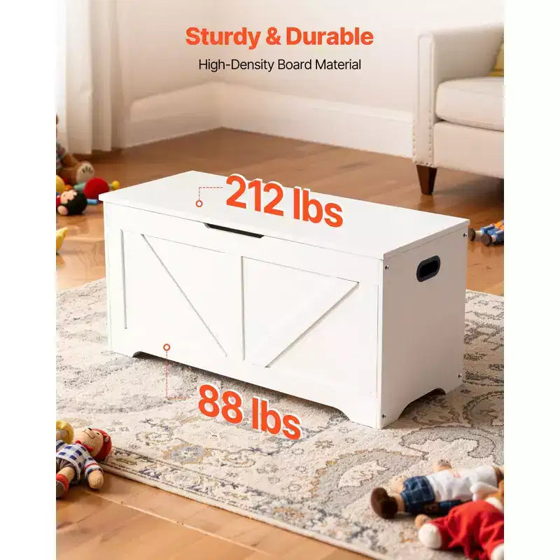White Kids Storage Bench with Lid – 1-Seat Wooden Toy Box for Playroom