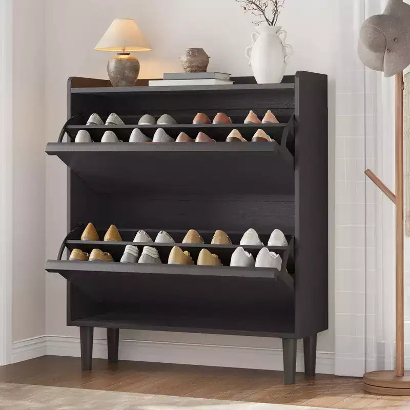 Tipping & Dump Bucket Shoe Rack, Multi-Color, Natural Wood / Gray / Black, for 2–6 People