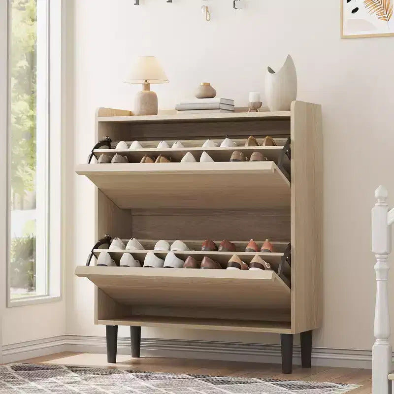 Tipping & Dump Bucket Shoe Rack, Multi-Color, Natural Wood / Gray / Black, for 2–6 People