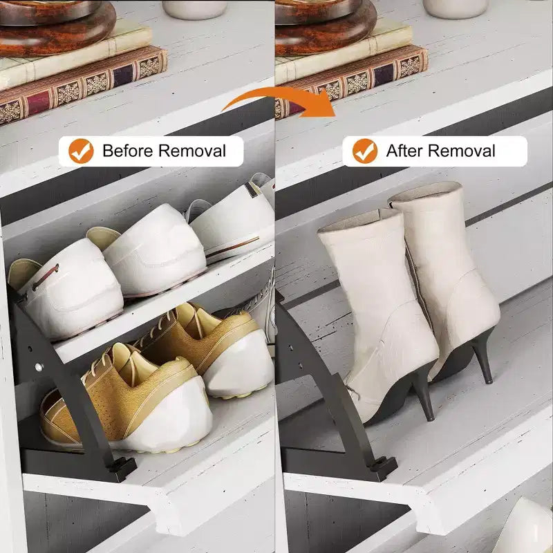 Shoe cabinet with flip-up drawers, adjustable shelves, and hidden storage space; suitable for hallways, closets, or entryways; freestanding design.