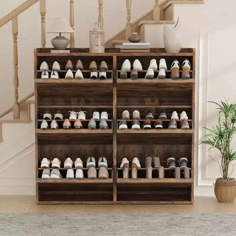 Tipping & Dump Bucket Shoe Rack, Multi-Color, Natural Wood / Gray / Black, for 2–6 People