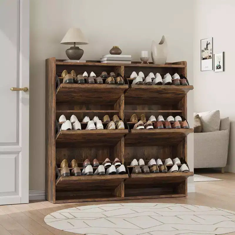 Tipping & Dump Bucket Shoe Rack, Multi-Color, Natural Wood / Gray / Black, for 2–6 People