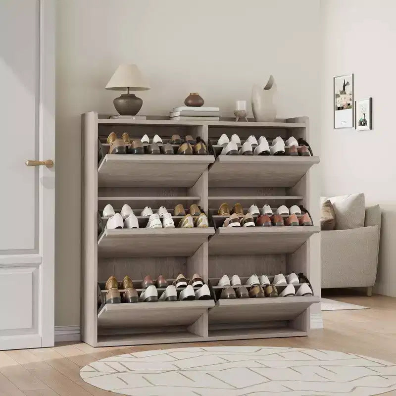 Tipping & Dump Bucket Shoe Rack, Multi-Color, Natural Wood / Gray / Black, for 2–6 People