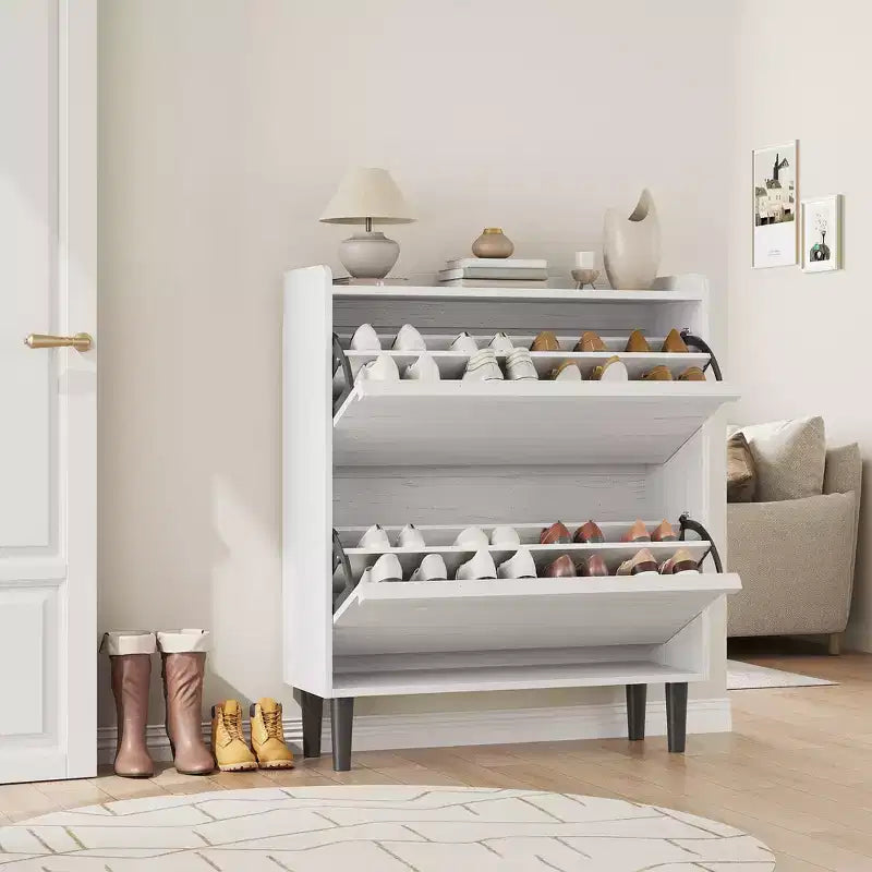 Tipping & Dump Bucket Shoe Rack, Multi-Color, Natural Wood / Gray / Black, for 2–6 People