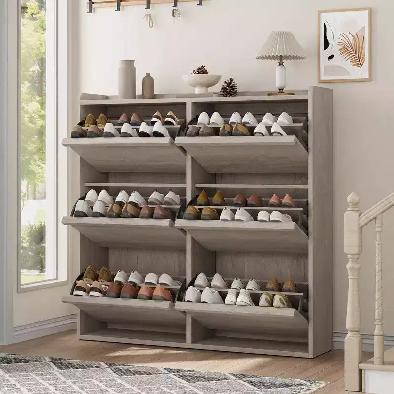 Tipping & Dump Bucket Shoe Rack, Multi-Color, Natural Wood / Gray / Black, for 2–6 People