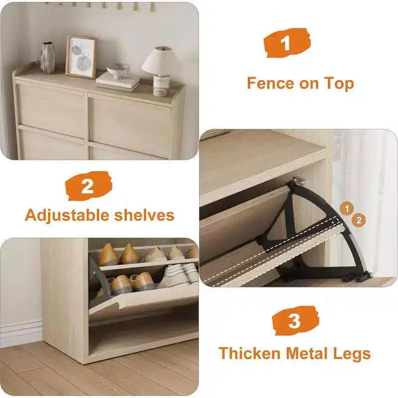 Tipping & Dump Bucket Shoe Rack, Multi-Color, Natural Wood / Gray / Black, for 2–6 People