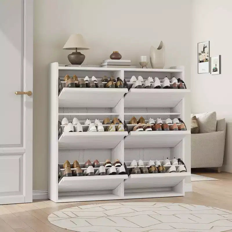 Tipping & Dump Bucket Shoe Rack, Multi-Color, Natural Wood / Gray / Black, for 2–6 People