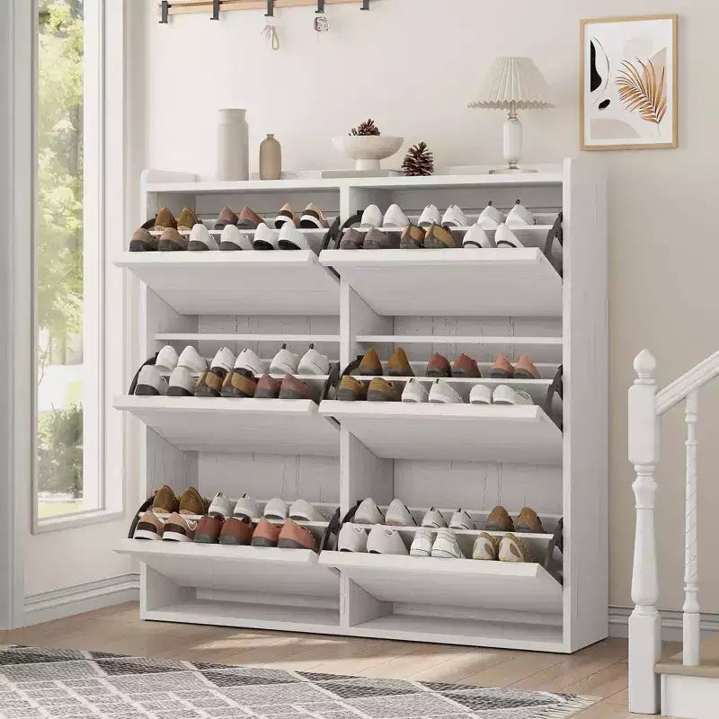 Tipping & Dump Bucket Shoe Rack, Multi-Color, Natural Wood / Gray / Black, for 2–6 People