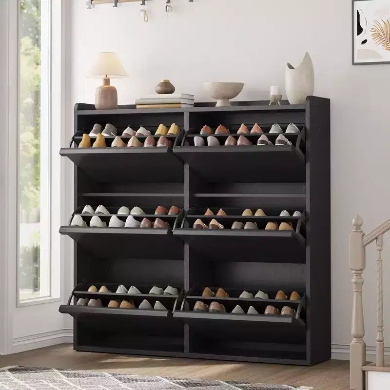Tipping & Dump Bucket Shoe Rack, Multi-Color, Natural Wood / Gray / Black, for 2–6 People