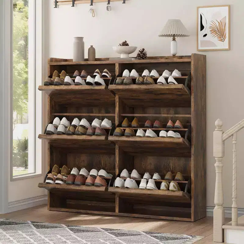 Tipping & Dump Bucket Shoe Rack, Multi-Color, Natural Wood / Gray / Black, for 2–6 People