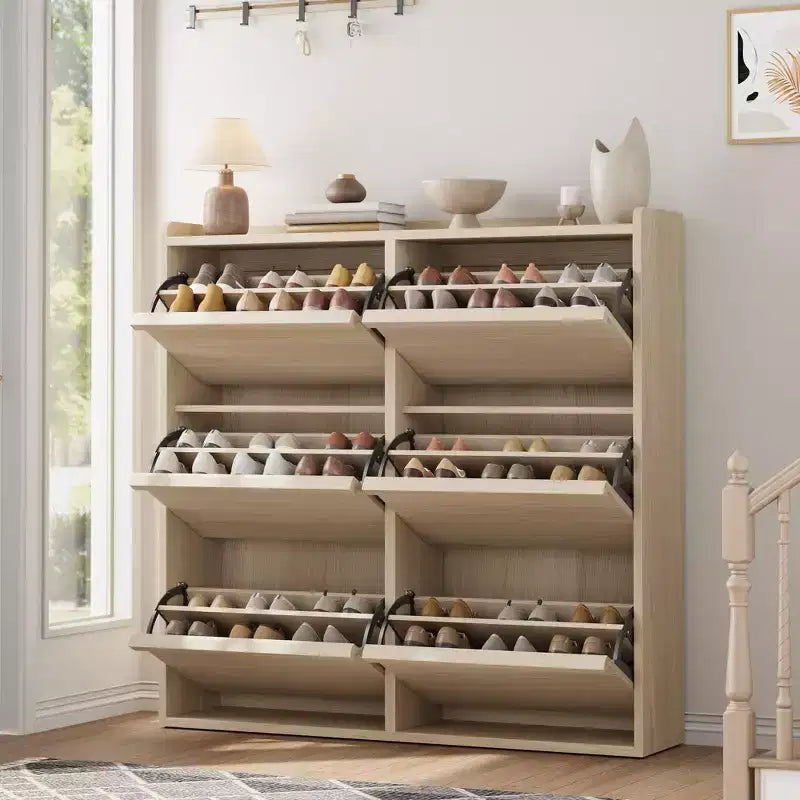 Tipping & Dump Bucket Shoe Rack, Multi-Color, Natural Wood / Gray / Black, for 2–6 People